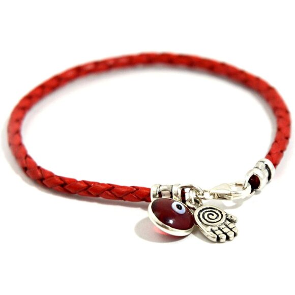Unisex 7" Red Leather Hamsa Evil Eye Bracelet with Sterling Silver Charm - Picture 1 of 6